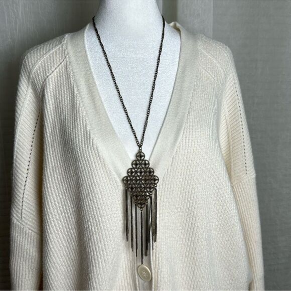 Aurum Brass Tone Caramel Rhinestone Diamond Shaped Tasseled Statement Necklace - Picture 1 of 4